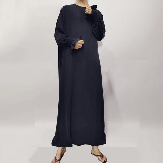 Blczomt Dress for Women Plus Size Long Sleeve Black Maxi Dress Casual Crew Neck Solid Muslim Dresses