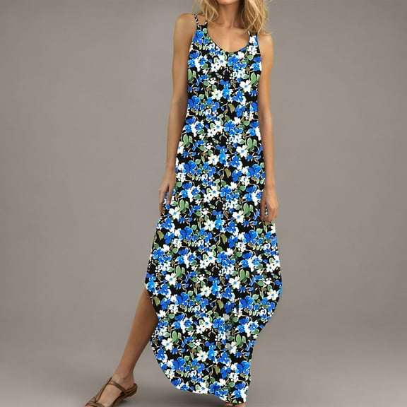Blczomt Dresses for Women 2025 Maxi Summer Floral Sundress Side Slit Spaghetti Straps Tie Back Women Clothing