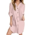 thumbnail image 1 of Blczomt Dresses for Women Pink Casual Mini Long Sleeve Dress V Neck Button Solid Soft Dresses, 1 of 5