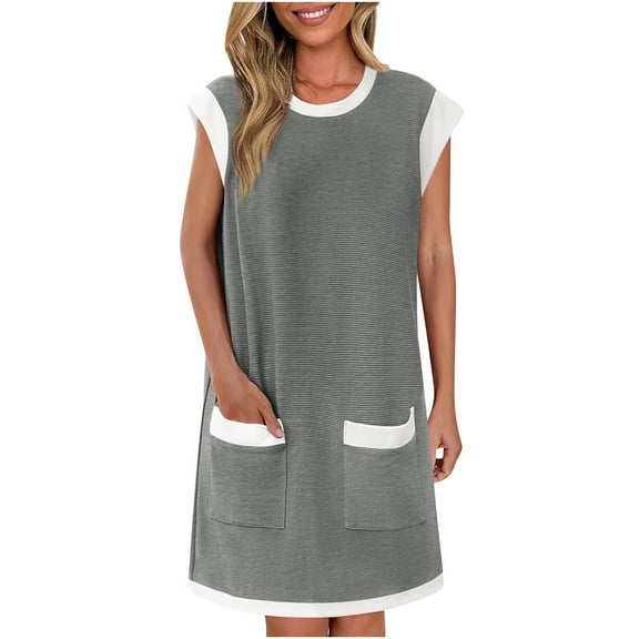 Blczomt Dresses for Women Plus Size Short Summer Mini Dress Cap Sleeve Colorblock Ribbed with Pockets Gray Dress Women