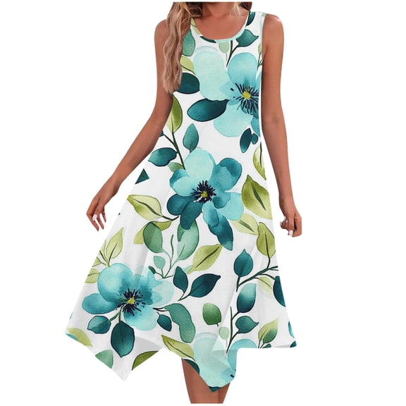 Blczomt Dresses for Women Under $10 Floral Summer A-Line Tank Dress Casual Sleeveless Green Midi Dress Women