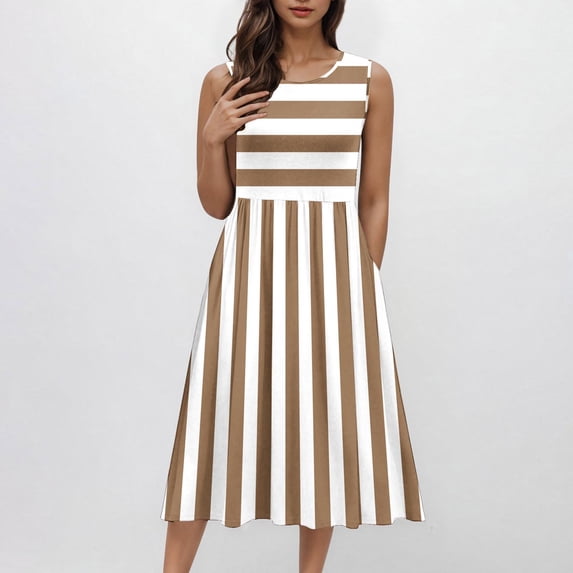 Blczomt Dresses for Women Under $10 Tank Casual Summer A Line Yellow Trendy Striped Elegant Midi Womens Clothes