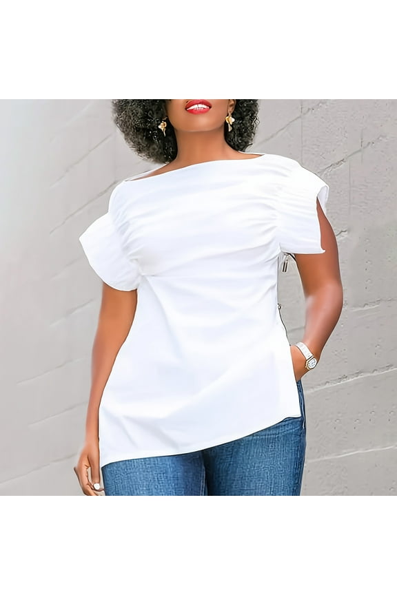Dressy Casual Womens T-Shirt Summer White Puff Sleeve T Shirt Plain Trendy Soft Ladies Blouse