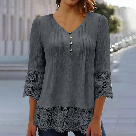 Blczomt Dressy Womens T-Shirts Lace 3/4 Length Sleeve Gray Blouses Formal V Neck Button Ladies Blouse
