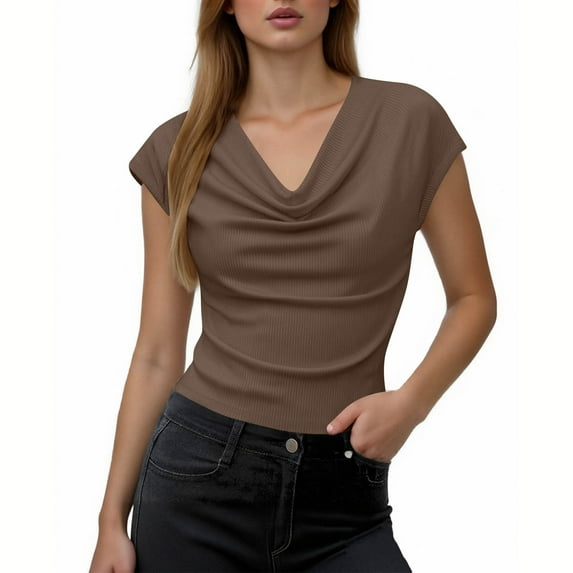 Blczomt Dressy Womens Tops Trendy Cowl Neck Casual Brown Tshirts Cap Sleeve 2026 Cute,L