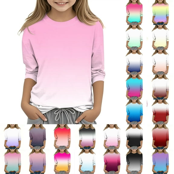Blczomt Fashion Kids Shirts Girls 3/4 Sleeve Basic T Shirts Soft Crewneck Gradient Casual Pink Girls T Shirts