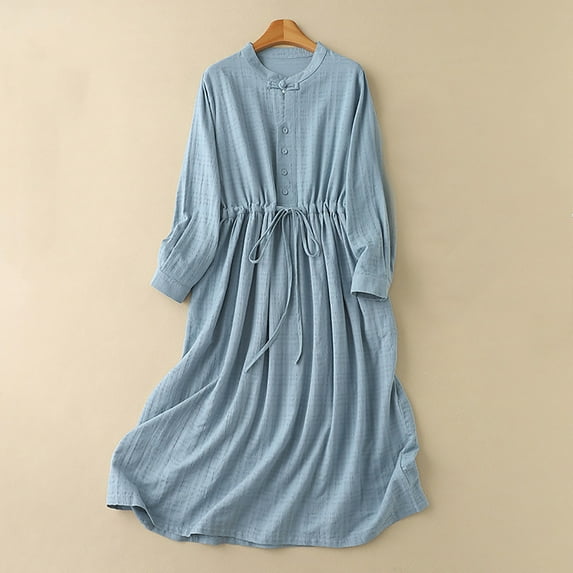 Blczomt Fashion Womens Holiday Dress 3/4 Sleeve Casual Plain Blue A Line Soft Vintage Crew Neck Dresses