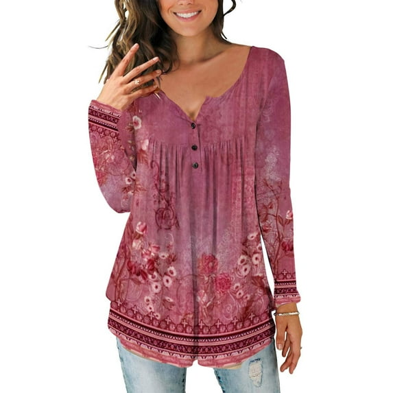 Blczomt Floral Tops for Women Long Sleeve Red Tunic Shirt Vintage Loose V Neck Blouses for Women