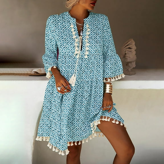 Blczomt Floral Print V-Neck Short Sleeve Loose Dress Casual Summer Dress (Women's), Size S