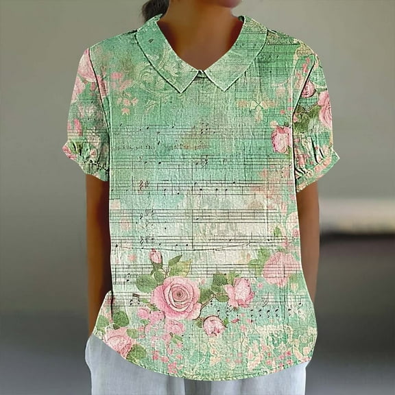 Blczomt Floral Spring Tops for Women Summer Peasant Shirt Loose Casual Short Sleeve Womens Plus Size Blouses