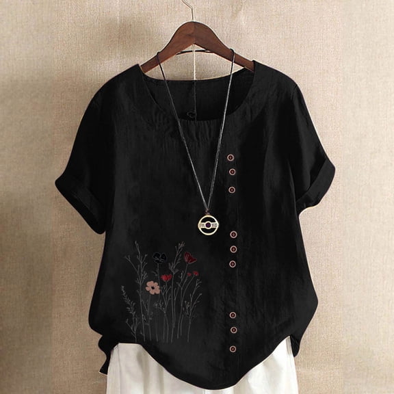 Blczomt Floral Summer Tops for Women Crew Neck Short Sleeve T Shirt Casual Trendy Black Spring Womens Shirts