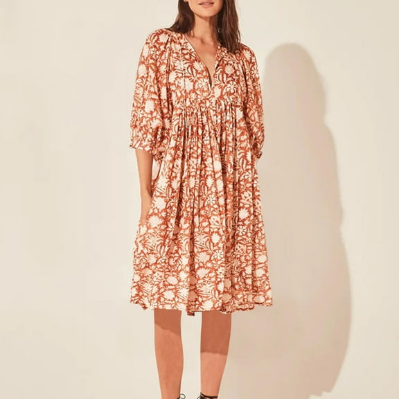 Blczomt Floral Women Dress Midi Dressy Casual 3/4 Sleeve Orange A Line V Neck Trendy Formal Dresses