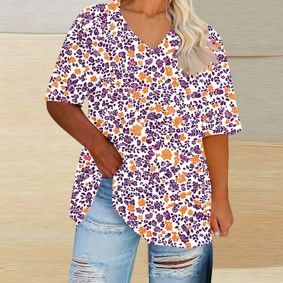 Blczomt Floral Womens Casual Tops Plus Size T Shirts Short Sleeve Purple Ladies Summer Tops