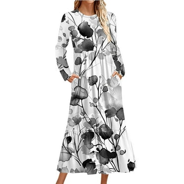 Blczomt Floral Womens Holiday Dress Long Sleeve White Casual Midi A Line Pockets Flowy Crewneck Dress