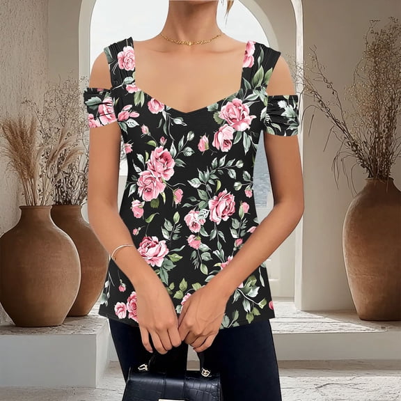 Blczomt Floral Womens Summer Tops Short Sleeve V Neck Shirt Off Shoulder Dressy Black Spring Women's Blouse