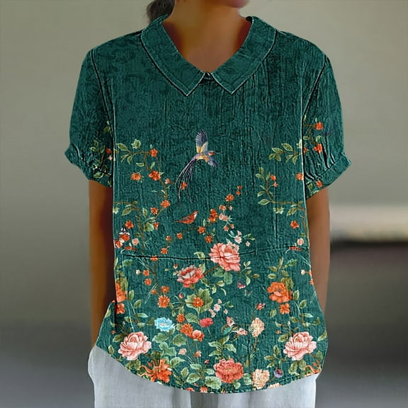 Blczomt Floral Womens Tops under $10 Peasant Shirt Loose Casual Short Sleeve Ladies Summer Tops