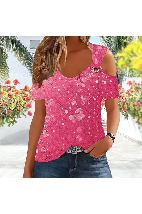 Floral Womens Tops Trendy Off The Shoulder Summer Blouse Casual Short Sleeve Pink 2025 Ladies Blouses