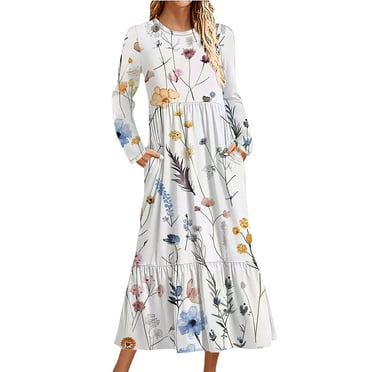 Blczomt Floral Womens Y2K Dress White Casual Long Sleeve Midi A Line Flowy Pockets Crewneck Dresses