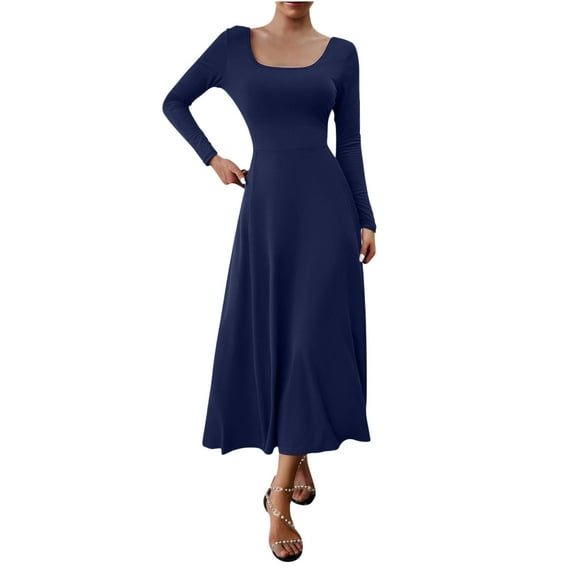 Blczomt Flowy Womens Y2K Dresses Long Sleeve Blue Midi A Line Solid Color Pleated V Neck Dressy Dress