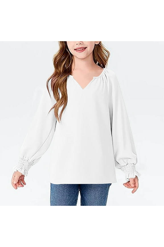 Girls Blouse Puff Sleeve Fashion Plain Tees Basic Loose Casual White Tween Girl Clothing