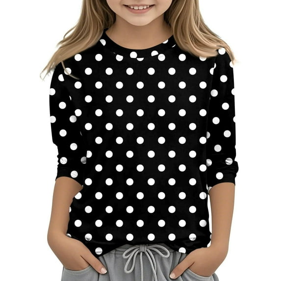 Blczomt Girls' Shirt 3/4 Sleeve Basic Fashion T Shirts Comfy Casual Black Crewneck Polka Dot Clothes for Girls
