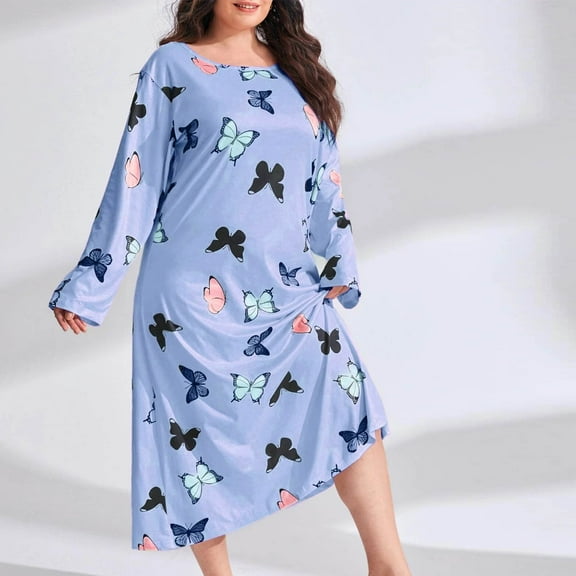 Blczomt Graphic Dress Women Long Sleeve Casual Blue Midi Dress Crew Neck Plus Size Soft Dresses