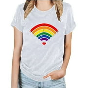 Blczomt Graphic Womens Tops Short Sleeve Plain White Shirt Crew Neck Y2K Rainbow Print Blouses for Women