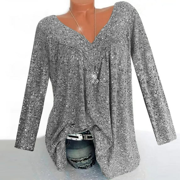 Blczomt Gray T Shirts for Women Long Sleeve Casual Plain Shirt V Neck Trendy Soft Work Blouses for Women