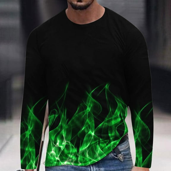Blczomt Green Mens Shirts Long Sleeve Crew Neck Graphic Flame T Shirt Xl