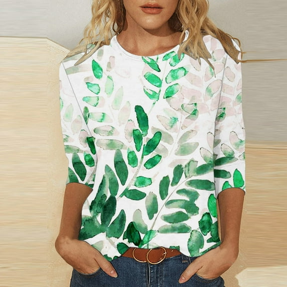 Blczomt Green Women Tops Under $5 Loose Graphic 3/4 Sleeve Tees Casual Fashion Spring Crewneck Work Blouses for Women