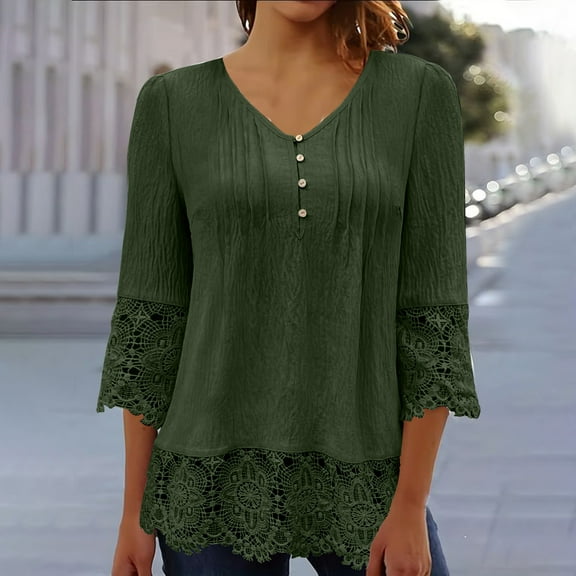 Blczomt Green Women Tops Dressy 3/4 Length Sleeve Lace Blouses Formal Button V Neck Women's Blouses