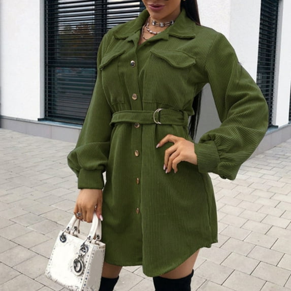 Blczomt Green Womens Dresses Plus Size Long Sleeve Fleece Shirt Dress Button Vintage Casual Dress