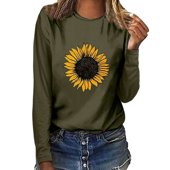 Blczomt Green Womens Tops Graphic Long Sleeve Casual Tees Fashion Sunflower Print Crewneck Women Blouses