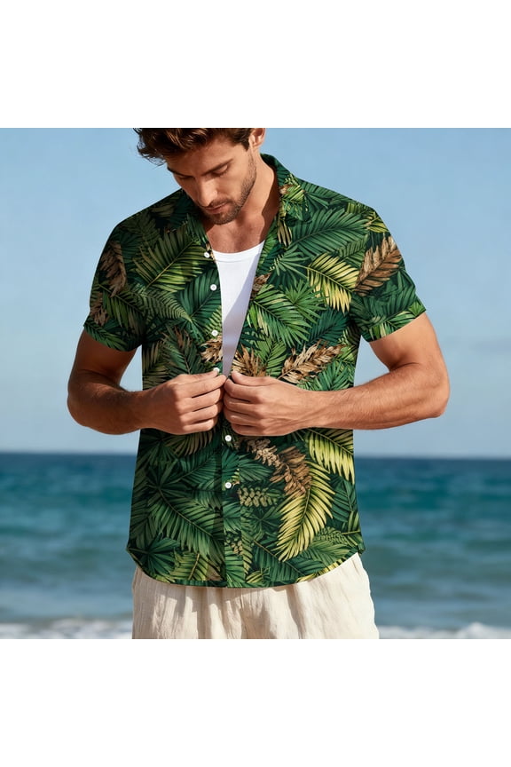 Hawaiian Men Shirts Summer Button Up Green Big and Tall Tee Shirts Graphic Button Down Casual Tshirts Men
