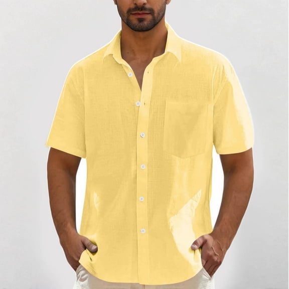 Blczomt Hawaiian Shirt for Men Casual Plain Button Down Shirts Yellow Linen Summer Beach Button-Up Solid Color Men's Fashion