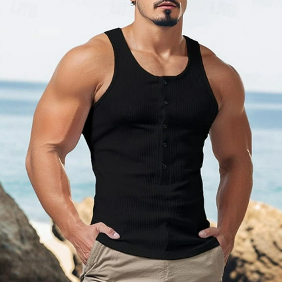Blczomt Henley Mens Tank Tops Plain Summer Sleeveless Shirt Gym Tank Workout Black Fashion