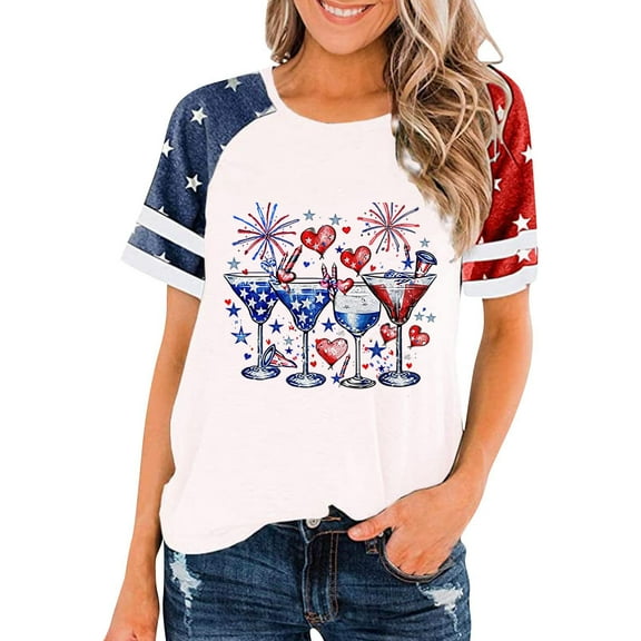Blczomt Independence Day Tops for Women Short Sleeve 4th of July T Shirts Crew Neck Trendy White Patriotic Ladies Blouses
