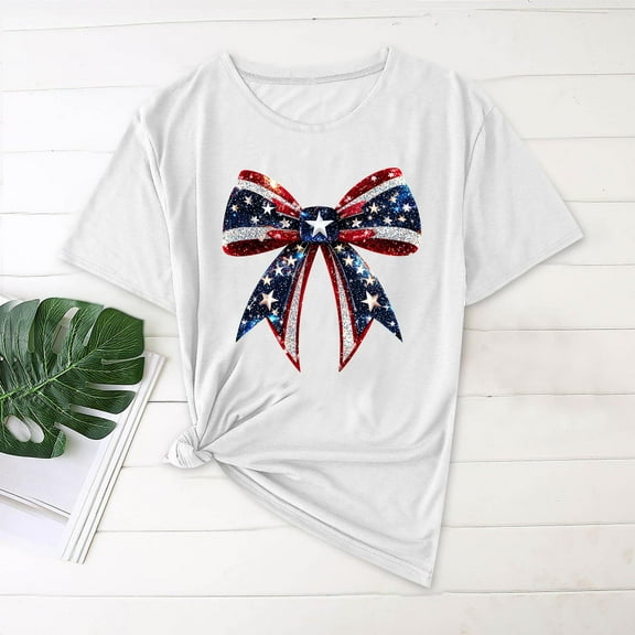 Blczomt Independence Day Tops for Women Trendy Crew Neck Short Sleeve T Shirt Casual 2025 American Flag White Womens Blouse