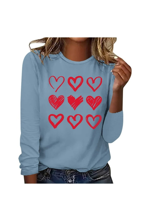 Blczomt Juniors Tops Trendy Loose Blue Long Sleeve Crew Neck Valentine's Day Love Heart Print Pullover Holiday Shirts Women