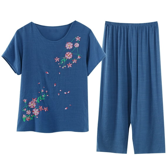Blczomt Kids Pajamas Blue Short Sleeve Two-Piece Set Floral Cotton Sleepwear Sets Womens Waffle Robe