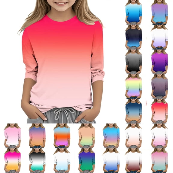 Blczomt Kids Shirts Girls 3/4 Sleeve Casual Basic T Shirts Gradient Comfy Pink Crewneck Trendy Clothes for Girls