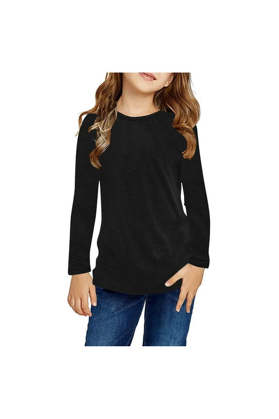Kids Shirts Girls Basic Black Crewneck Tops Solid Comfy Long Sleeve Soft Girls' Tees