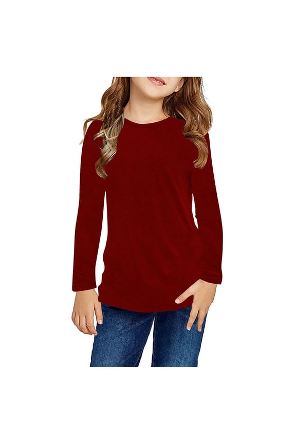 Kids Shirts Girls Crewneck Red Basic Tops Long Sleeve Soft Comfy Solid Girls Blouse