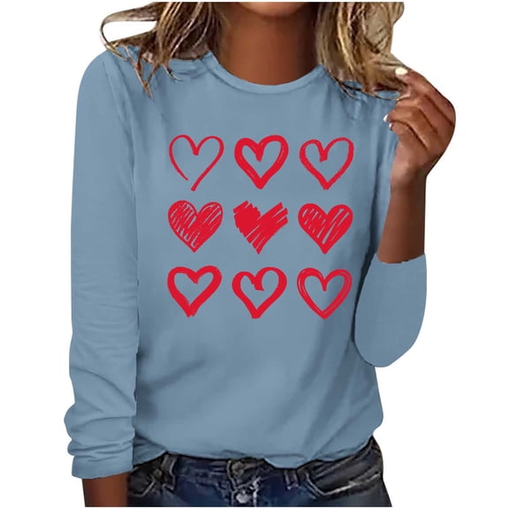 Blczomt Ladies Plus Size Tops Blue Long Sleeve Valentine's Day Love Heart Print Crew Neck Pullover Womens Blouses Plus Size