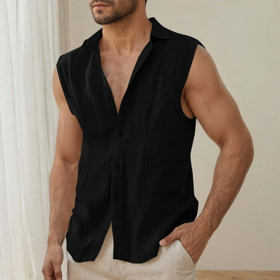 Blczomt Linen Shirts for Men Sleeveless Vest Black Breathable Button Down Summer Vacation Tops