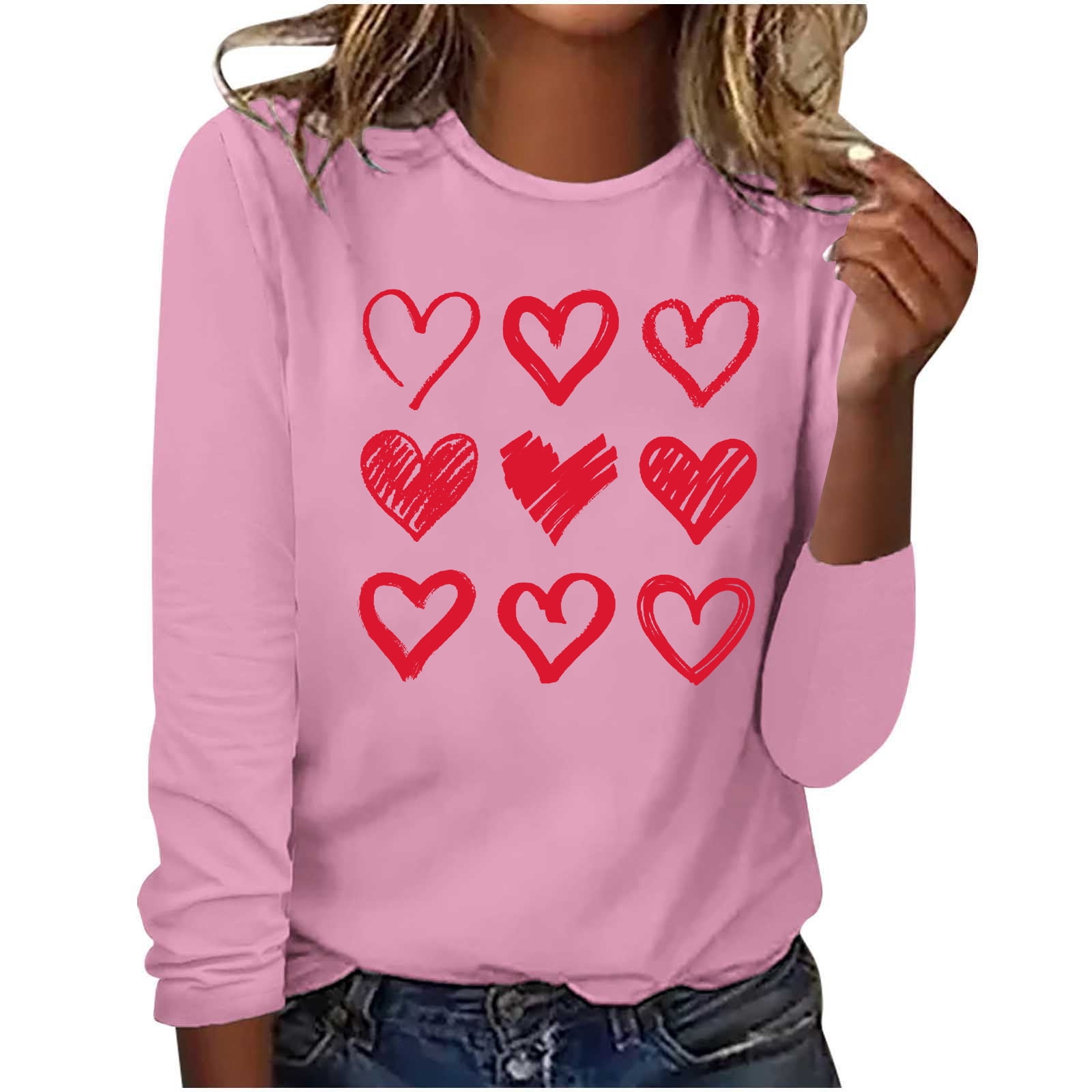 Blczomt Long Sleeve Christmas Tops for Women Dressy Pink Valentine's Day Love Heart Print Crew ...