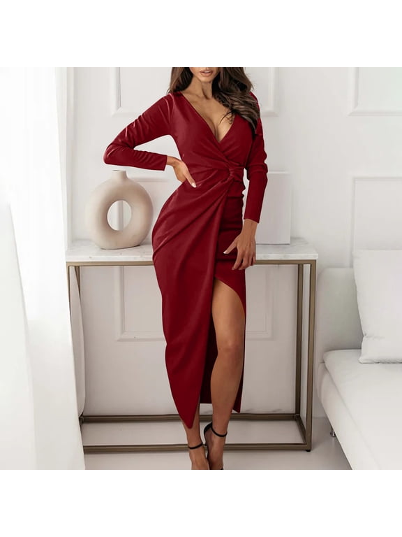 Long Sleeve Dress Women Red Cocktail Formal Evening Gowns Solid Wrap V Neck Sexy High Split Dress