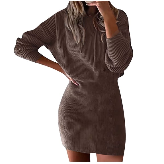 Blczomt Long Sleeve Dress for Women Fall Winter Brown Mini Bodycon Solid Color Casual Knit Crew Neck Dress