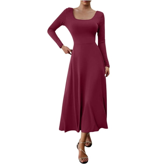 Blczomt Long Sleeve Dresses Women Flowy Midi Red A Line Solid Color Pleated V Neck Dressy Dress