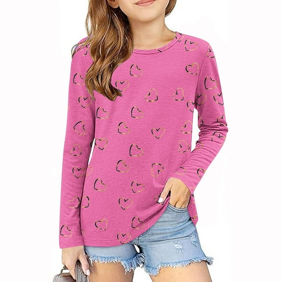 Blczomt Long Sleeve Girls' Shirt Heart Casual T Shirts Cute Loose Crew Neck Pink Pullover Girls T Shirts